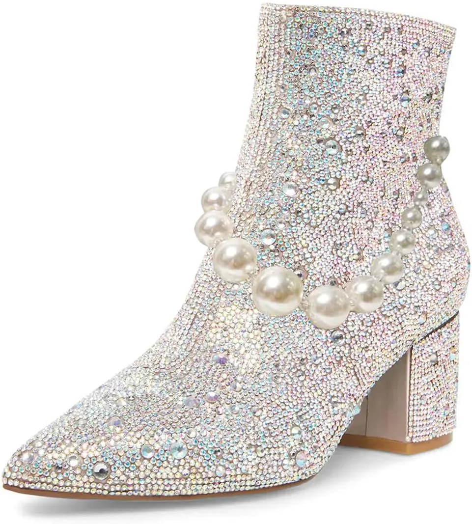 FSJ Women Crystal Ankle Boots Pointed Toe Low Chunky Block Heels Short Booties Side Zipper Comfy Sparkly Formal Dressy Shoes Size 4-15 US
