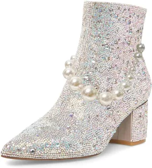 FSJ Women Crystal Ankle Boots Pointed Toe Low Chunky Block Heels Short Booties Side Zipper Comfy Sparkly Formal Dressy Shoes Size 4-15 US