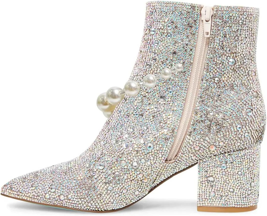 FSJ Women Crystal Ankle Boots Pointed Toe Low Chunky Block Heels Short Booties Side Zipper Comfy Sparkly Formal Dressy Shoes Size 4-15 US