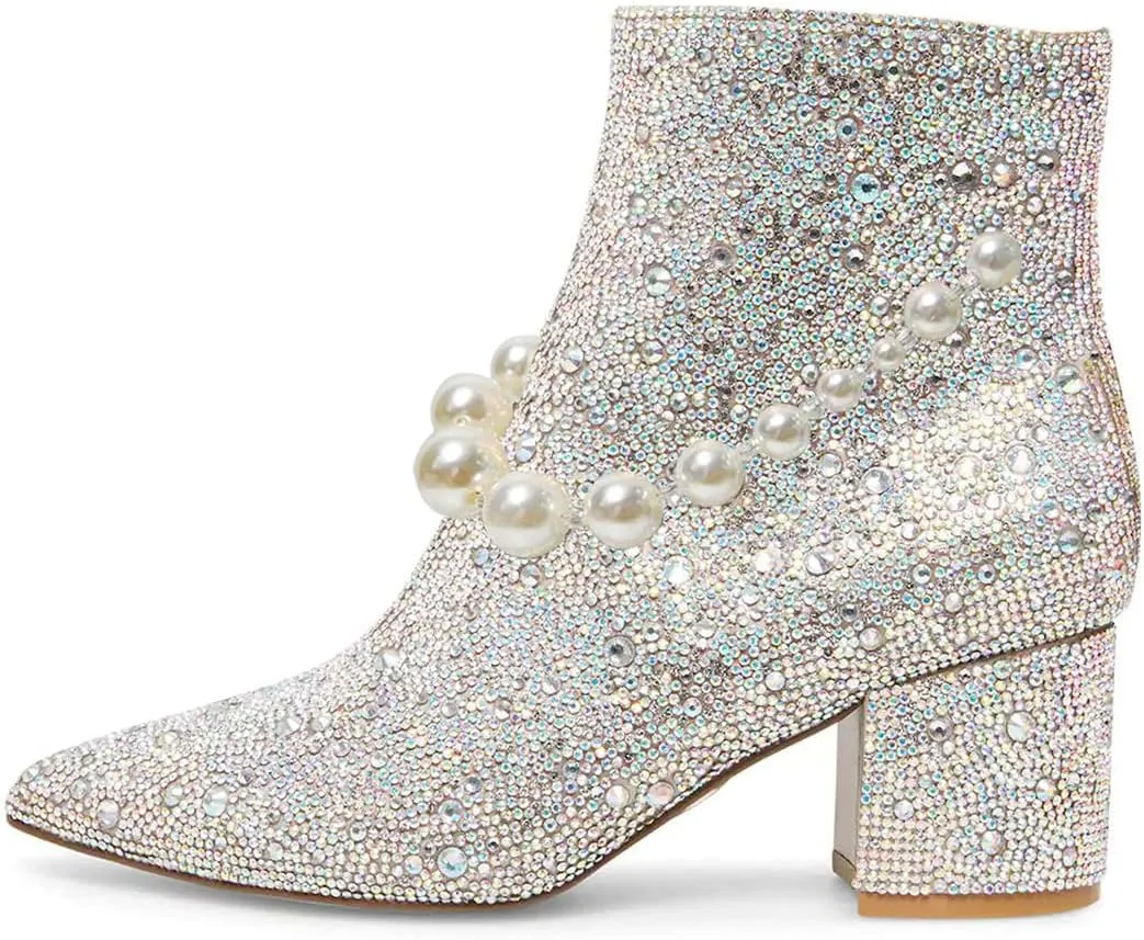 FSJ Women Crystal Ankle Boots Pointed Toe Low Chunky Block Heels Short Booties Side Zipper Comfy Sparkly Formal Dressy Shoes Size 4-15 US