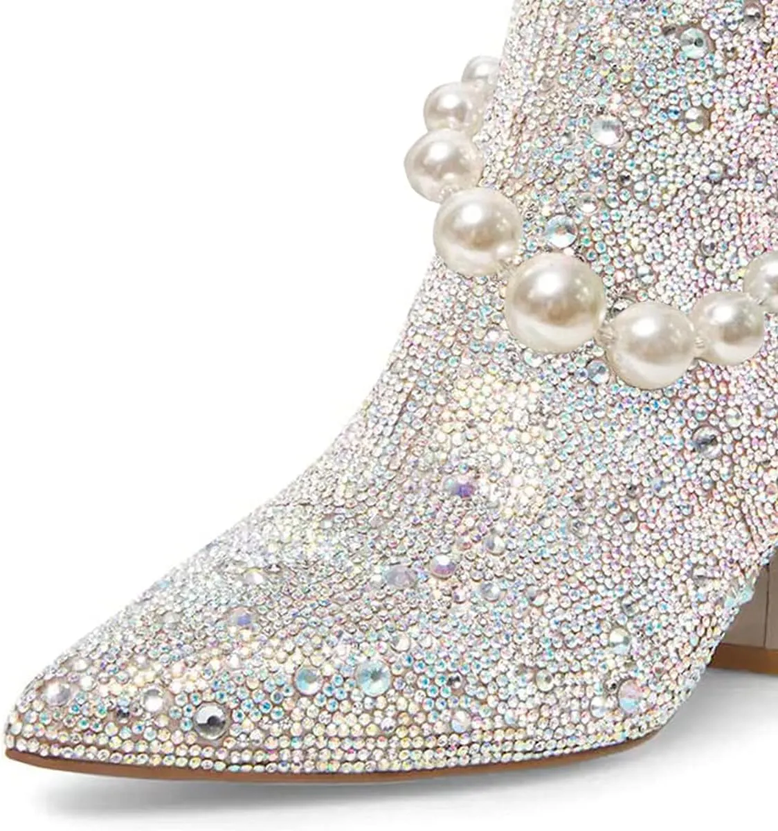 FSJ Women Crystal Ankle Boots Pointed Toe Low Chunky Block Heels Short Booties Side Zipper Comfy Sparkly Formal Dressy Shoes Size 4-15 US