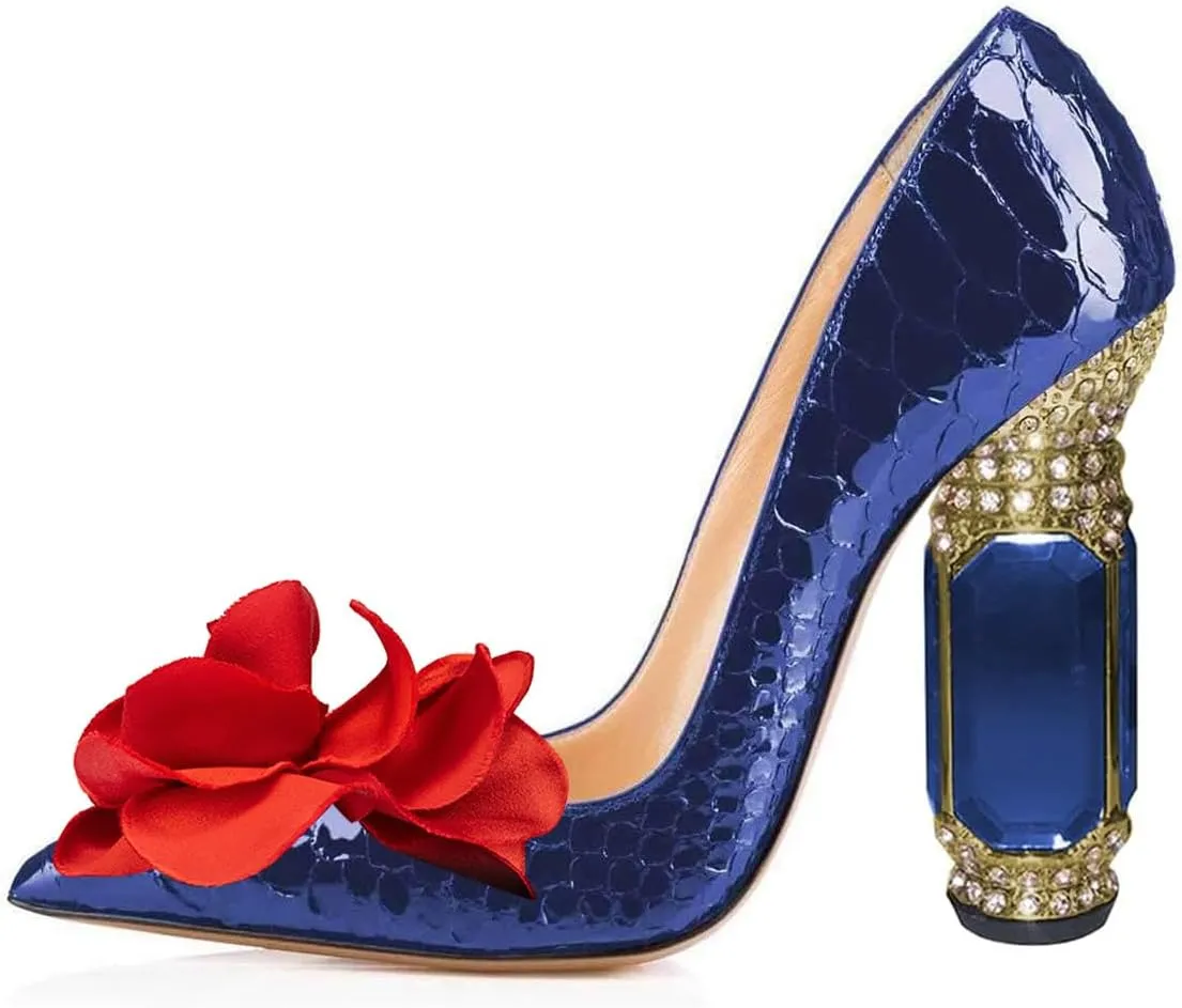 FSJ Women Flower Pumps Pointed Toe Slip On Crystal High Heels Bride Chunky Block Rhinestone Evening Dress Wedding Shoes Size 4-16 US