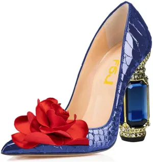 FSJ Women Flower Pumps Pointed Toe Slip On Crystal High Heels Bride Chunky Block Rhinestone Evening Dress Wedding Shoes Size 4-16 US