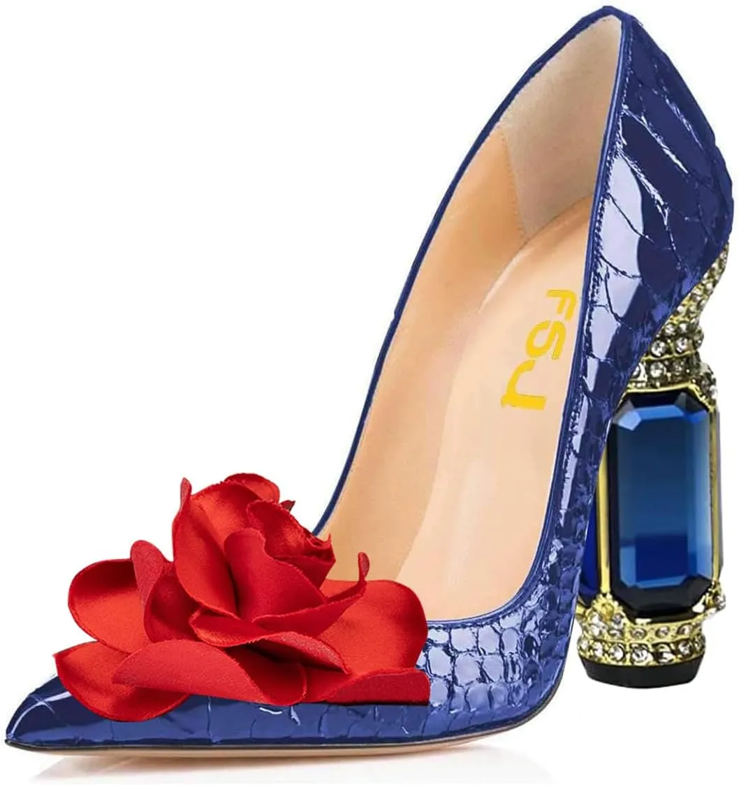 FSJ Women Flower Pumps Pointed Toe Slip On Crystal High Heels Bride Chunky Block Rhinestone Evening Dress Wedding Shoes Size 4-16 US