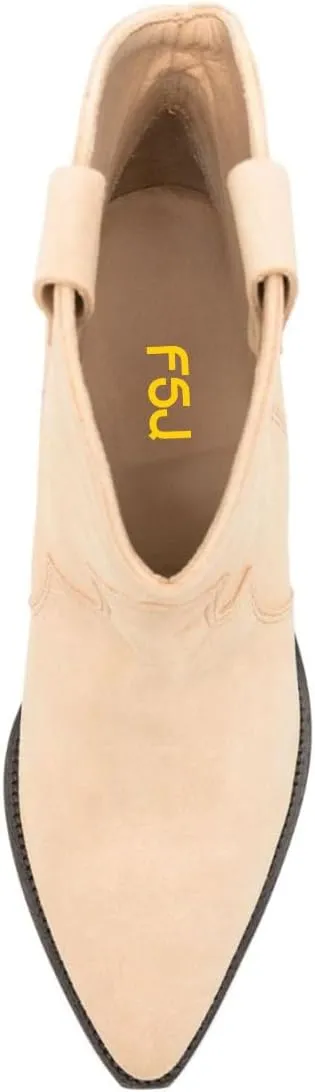 FSJ Women Low Stacked Heel Western Cowboy Ankle Boots Faux Suede Pointed Toe Slip On Retro Cowgirl Booties Wide Calf Formal Outfit Shoes Size 4-16 US
