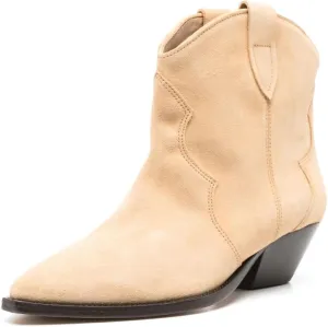 FSJ Women Low Stacked Heel Western Cowboy Ankle Boots Faux Suede Pointed Toe Slip On Retro Cowgirl Booties Wide Calf Formal Outfit Shoes Size 4-16 US