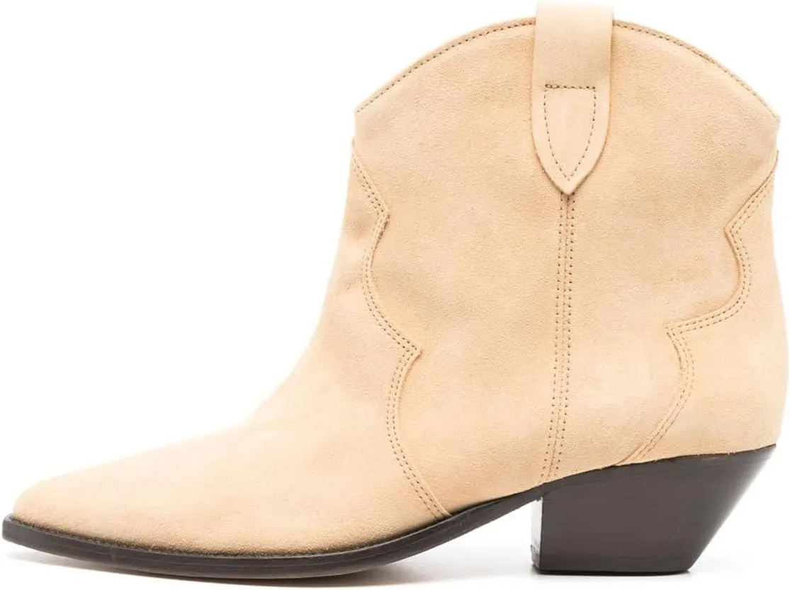 FSJ Women Low Stacked Heel Western Cowboy Ankle Boots Faux Suede Pointed Toe Slip On Retro Cowgirl Booties Wide Calf Formal Outfit Shoes Size 4-16 US