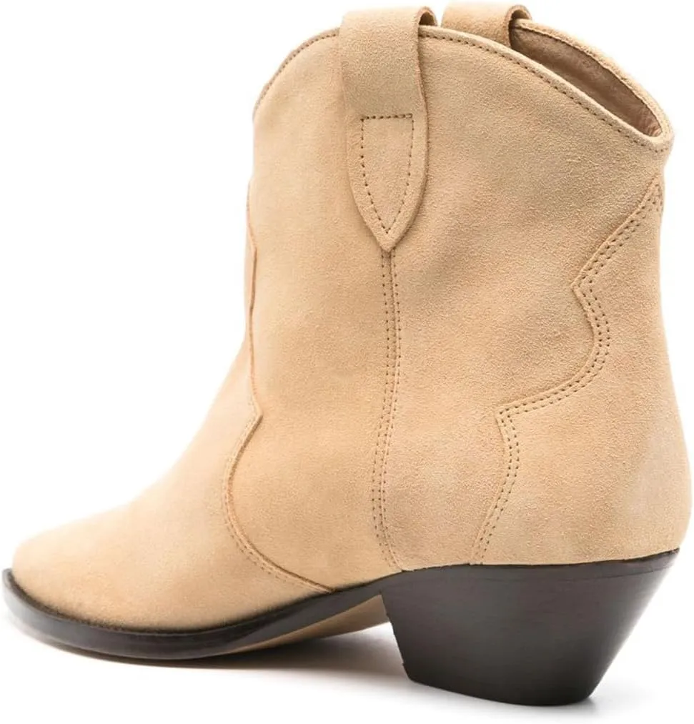 FSJ Women Low Stacked Heel Western Cowboy Ankle Boots Faux Suede Pointed Toe Slip On Retro Cowgirl Booties Wide Calf Formal Outfit Shoes Size 4-16 US