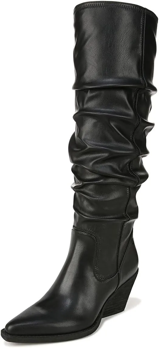 FSJ Women Stacked Chunky Heel Slouchy Knee High Boots Pointed Toe Faux Suede Side Zipper Western Boots Casual Wear Shoes Size 4-16 US