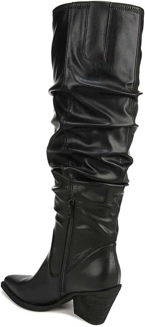 FSJ Women Stacked Chunky Heel Slouchy Knee High Boots Pointed Toe Faux Suede Side Zipper Western Boots Casual Wear Shoes Size 4-16 US
