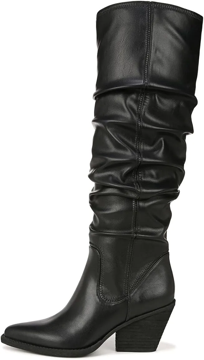 FSJ Women Stacked Chunky Heel Slouchy Knee High Boots Pointed Toe Faux Suede Side Zipper Western Boots Casual Wear Shoes Size 4-16 US