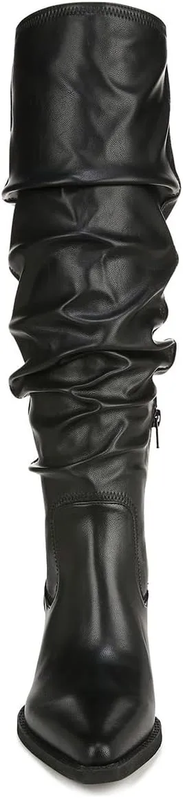 FSJ Women Stacked Chunky Heel Slouchy Knee High Boots Pointed Toe Faux Suede Side Zipper Western Boots Casual Wear Shoes Size 4-16 US