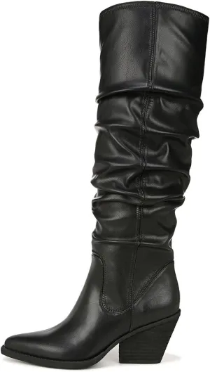 FSJ Women Stacked Chunky Heel Slouchy Knee High Boots Pointed Toe Faux Suede Side Zipper Western Boots Casual Wear Shoes Size 4-16 US