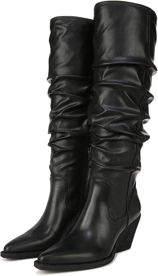 FSJ Women Stacked Chunky Heel Slouchy Knee High Boots Pointed Toe Faux Suede Side Zipper Western Boots Casual Wear Shoes Size 4-16 US