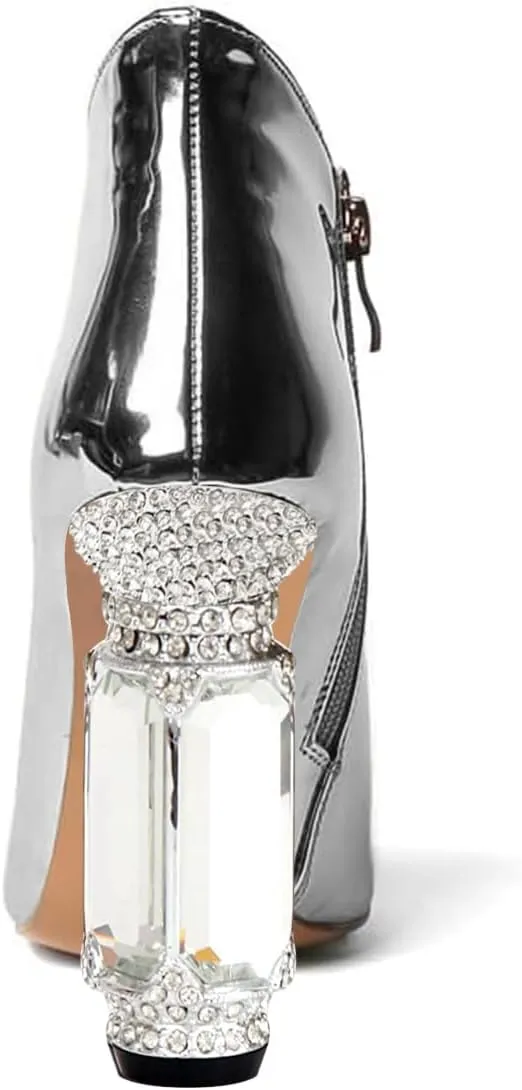 FSJ Women Trendy Ankle Boots Pointed Toe Comfy Chunky High Heel Sparkly Crystal Side Zipper Booties Wedding Party Shoes Size 4-16 US