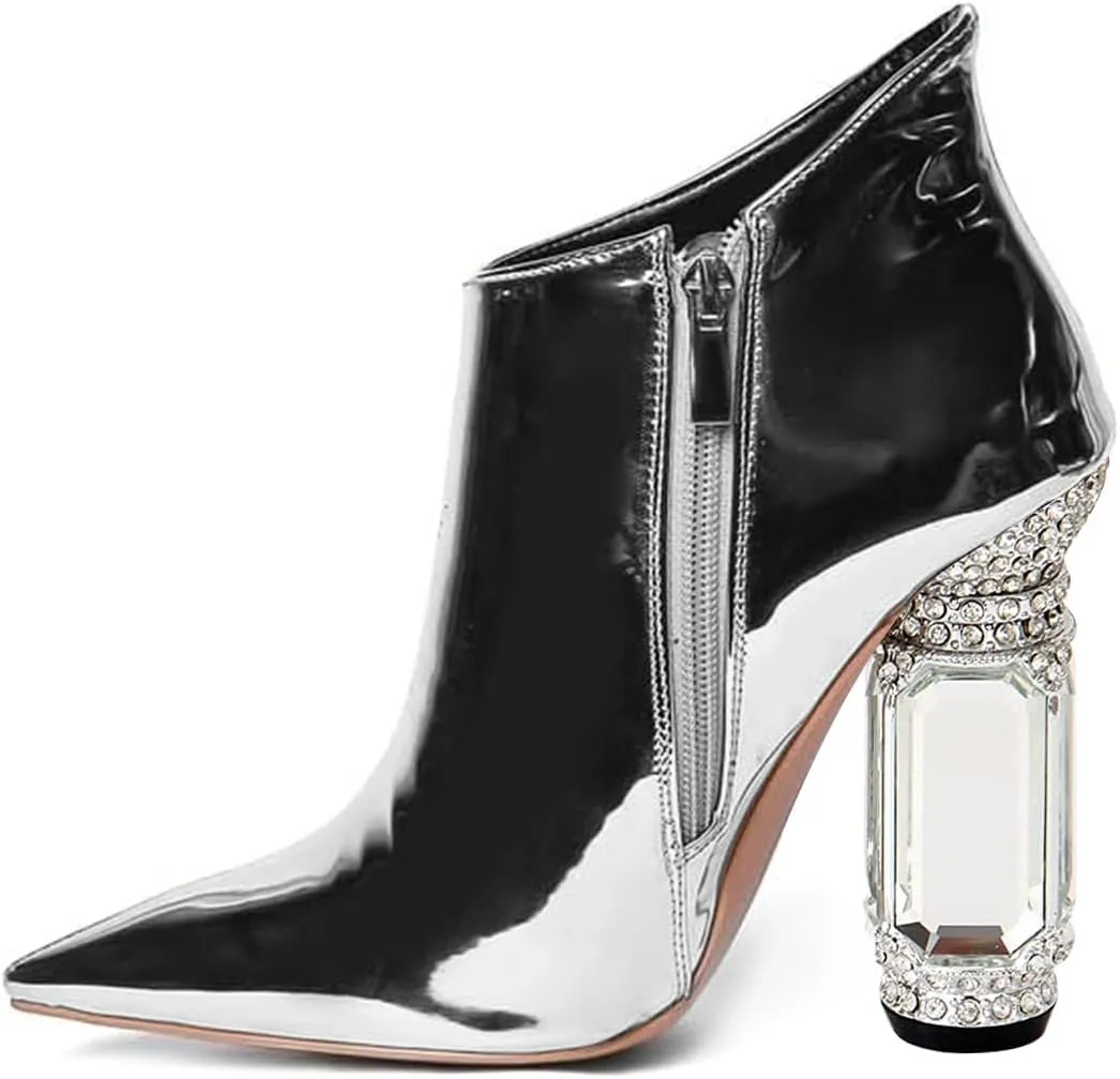 FSJ Women Trendy Ankle Boots Pointed Toe Comfy Chunky High Heel Sparkly Crystal Side Zipper Booties Wedding Party Shoes Size 4-16 US