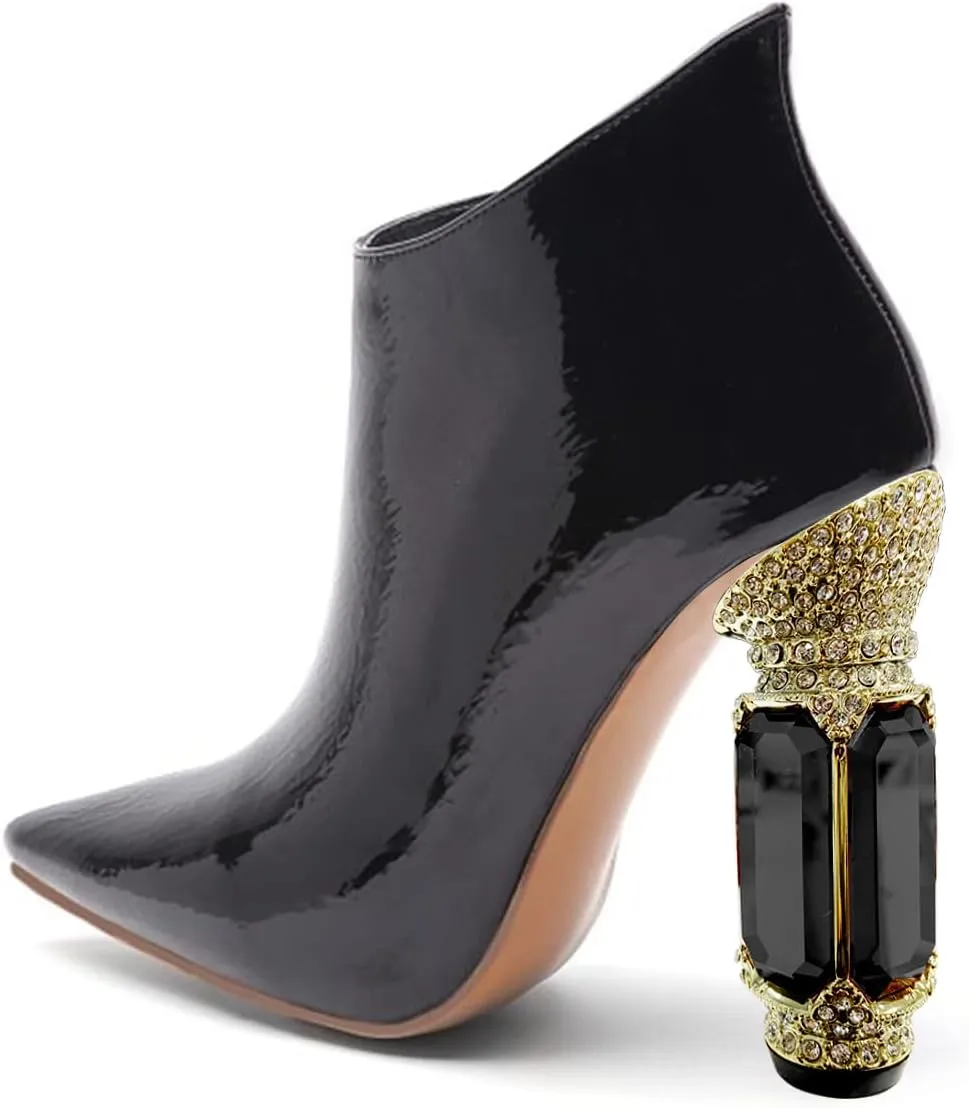 FSJ Women Trendy Ankle Boots Pointed Toe Comfy Chunky High Heel Sparkly Crystal Side Zipper Booties Wedding Party Shoes Size 4-16 US