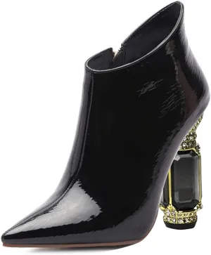 FSJ Women Trendy Ankle Boots Pointed Toe Comfy Chunky High Heel Sparkly Crystal Side Zipper Booties Wedding Party Shoes Size 4-16 US