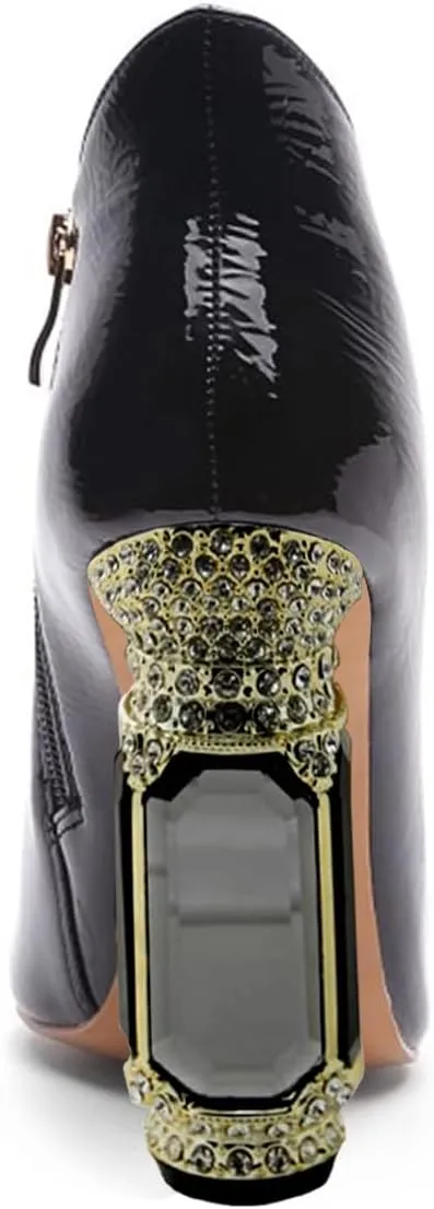 FSJ Women Trendy Ankle Boots Pointed Toe Comfy Chunky High Heel Sparkly Crystal Side Zipper Booties Wedding Party Shoes Size 4-16 US