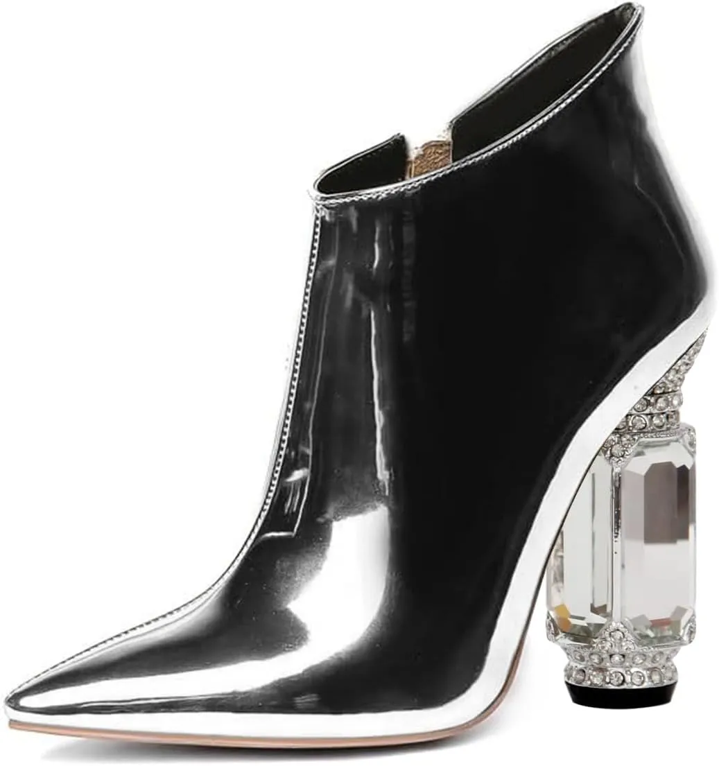 FSJ Women Trendy Ankle Boots Pointed Toe Comfy Chunky High Heel Sparkly Crystal Side Zipper Booties Wedding Party Shoes Size 4-16 US