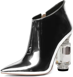 FSJ Women Trendy Ankle Boots Pointed Toe Comfy Chunky High Heel Sparkly Crystal Side Zipper Booties Wedding Party Shoes Size 4-16 US