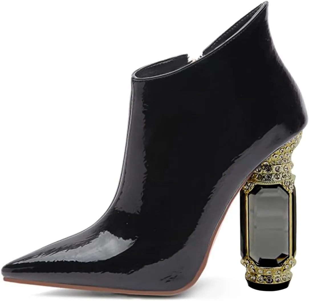 FSJ Women Trendy Ankle Boots Pointed Toe Comfy Chunky High Heel Sparkly Crystal Side Zipper Booties Wedding Party Shoes Size 4-16 US
