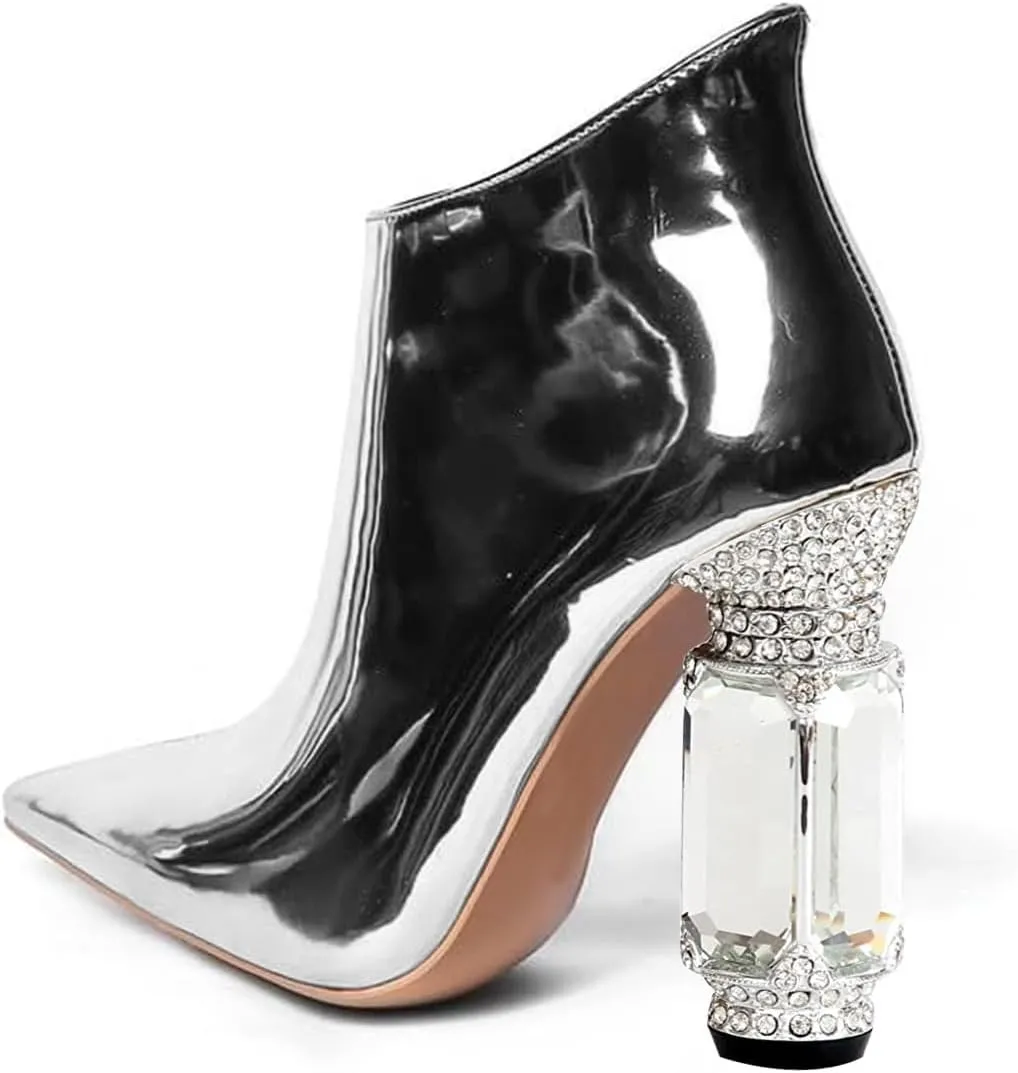 FSJ Women Trendy Ankle Boots Pointed Toe Comfy Chunky High Heel Sparkly Crystal Side Zipper Booties Wedding Party Shoes Size 4-16 US