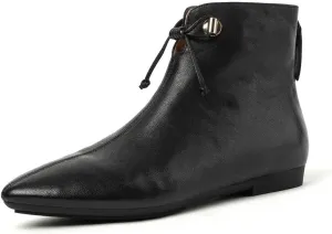Handmade Genuine Leather Pointed Toe Lace Up V-Cut Flat Heel Ankle Booties for Women
