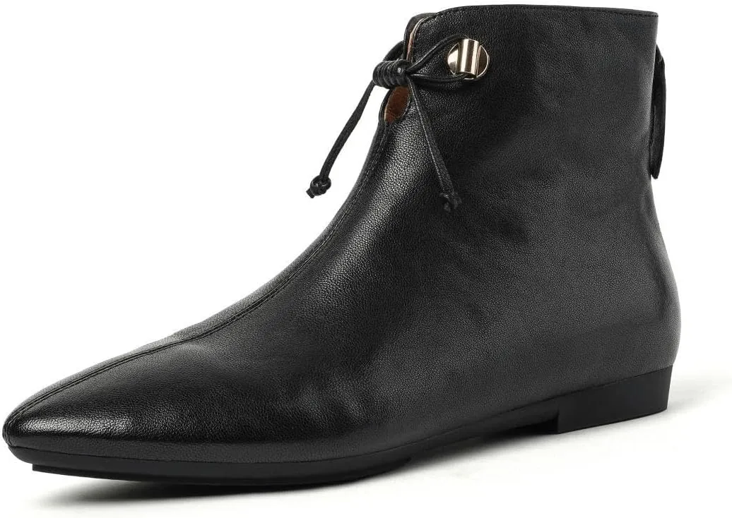 Handmade Genuine Leather Pointed Toe Lace Up V-Cut Flat Heel Ankle Booties for Women