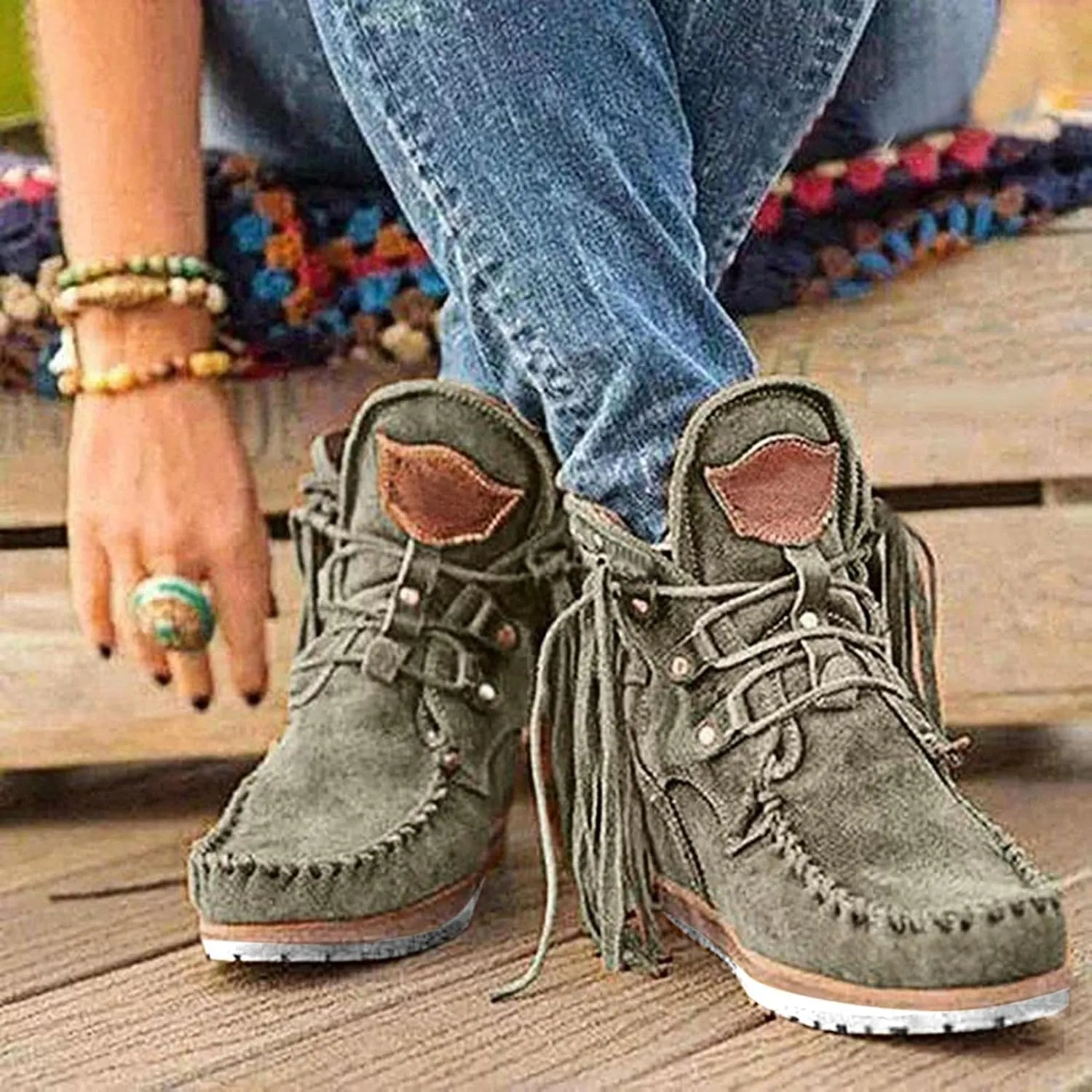 Hbeylia Boho Ankle Booties For Women Ladies With Fringes Ethnic Bohemian Vintage Suede Tassel Lace Up Wide Round Toe Chunky Bottom Heels Low Top Short Boots Retro Beach Slip On Dress Walking Shoes