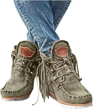 Hbeylia Boho Ankle Booties For Women Ladies With Fringes Ethnic Bohemian Vintage Suede Tassel Lace Up Wide Round Toe Chunky Bottom Heels Low Top Short Boots Retro Beach Slip On Dress Walking Shoes