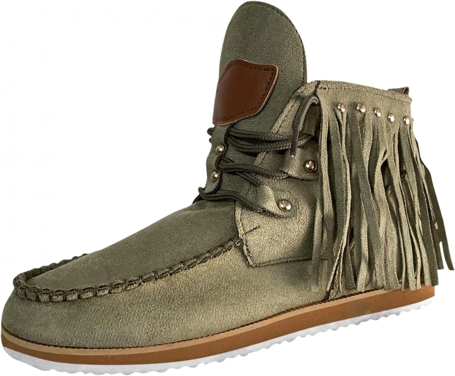 Hbeylia Boho Ankle Booties For Women Ladies With Fringes Ethnic Bohemian Vintage Suede Tassel Lace Up Wide Round Toe Chunky Bottom Heels Low Top Short Boots Retro Beach Slip On Dress Walking Shoes