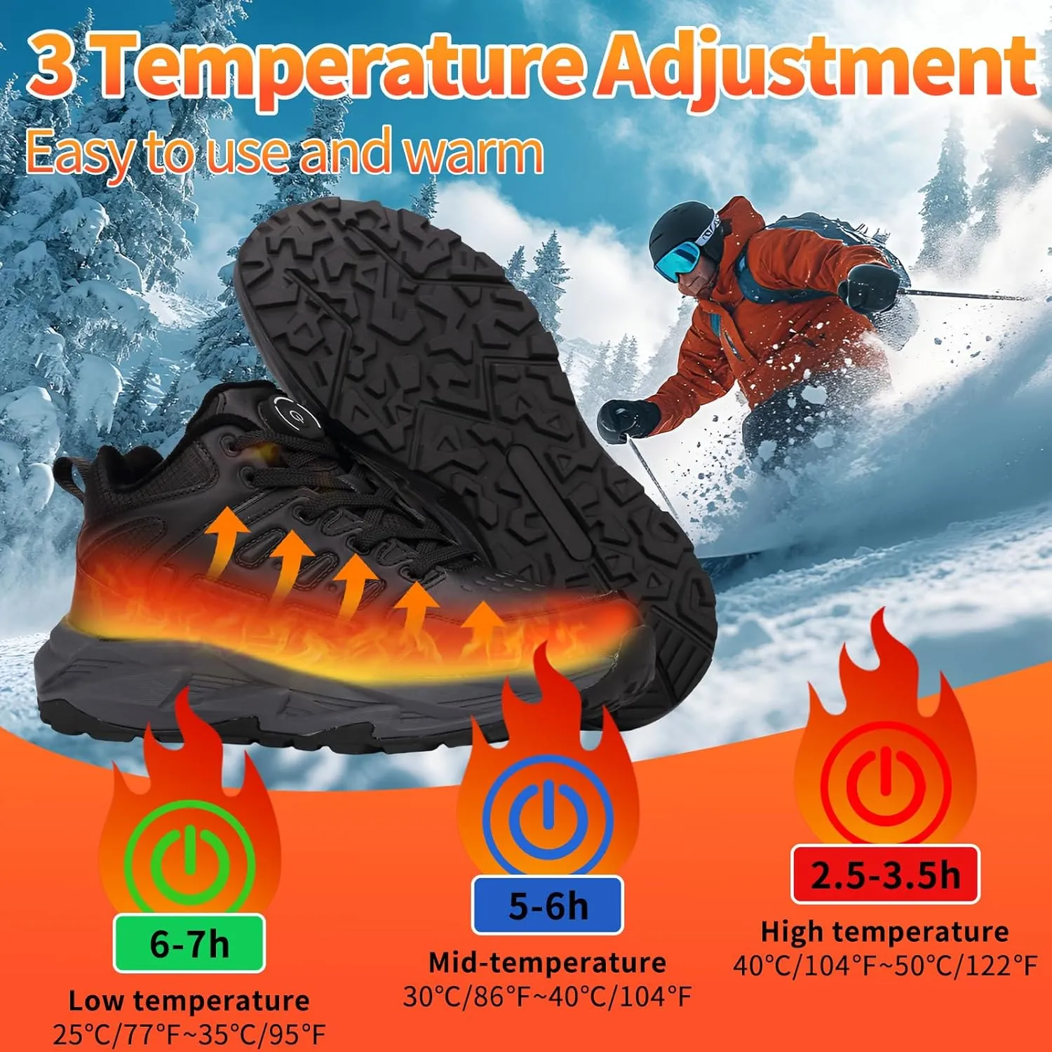 Heated Sneakers for Women Men - Rechargeable Electric Heated Shoes with 3 Heating Levels, Waterproof Upper, Non-Slip Rubber Sole, Winter Warmth Footwear for Hiking Outdoor Activities