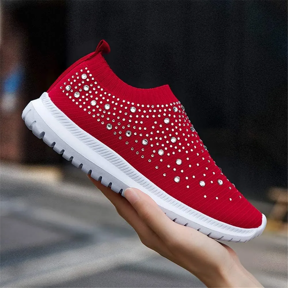 HINDOLA Women's Mesh Walking Shoes Rhinestone Glitter Slip On Ballroom Jazz Latin Dance Sock Sneakers Casual Shoes