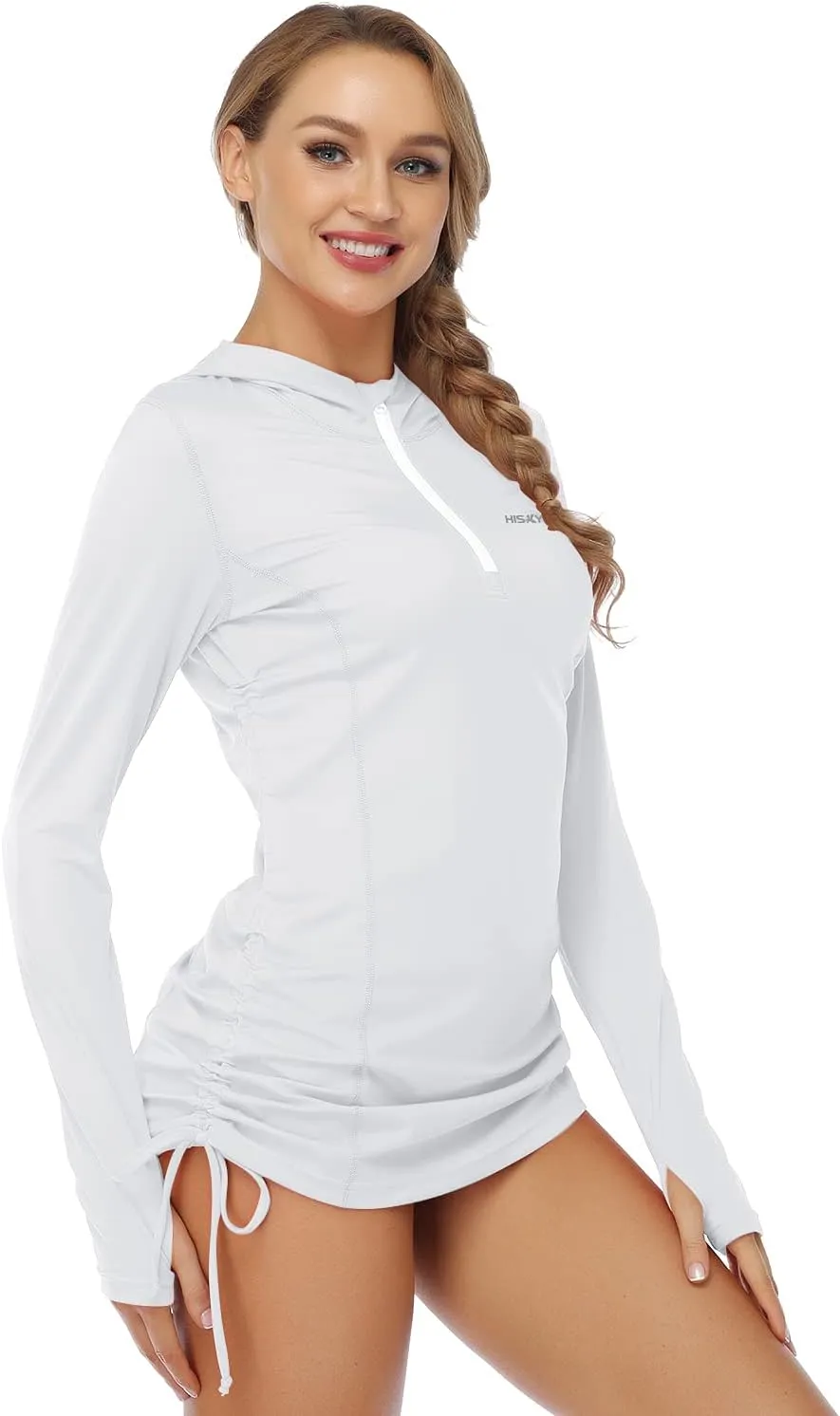 HISKYWIN Womens Hoodie Thumb Hole UV Sun Protection Rash Guard Side Adjustable Wetsuit Swimsuit Top