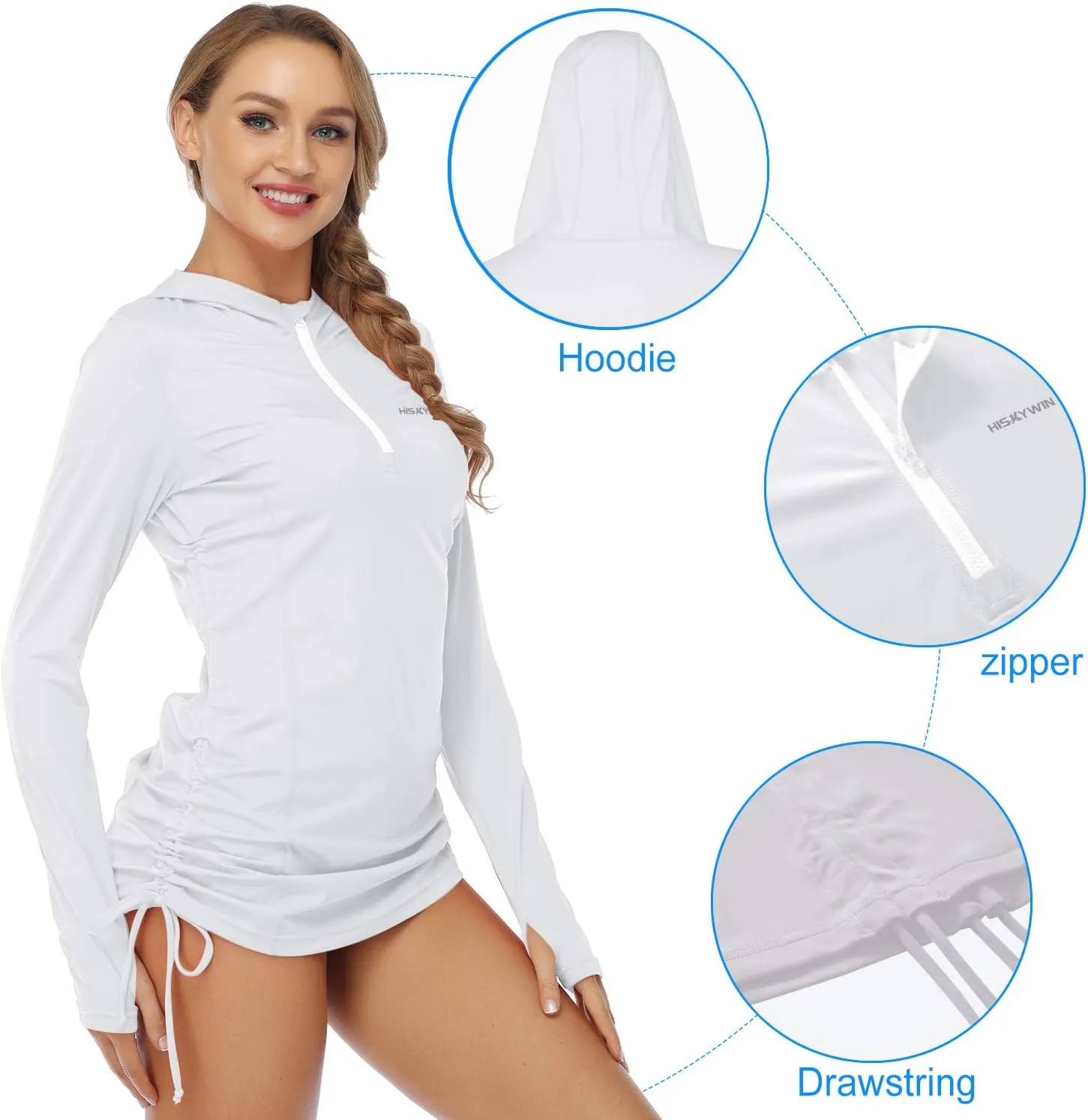 HISKYWIN Womens Hoodie Thumb Hole UV Sun Protection Rash Guard Side Adjustable Wetsuit Swimsuit Top