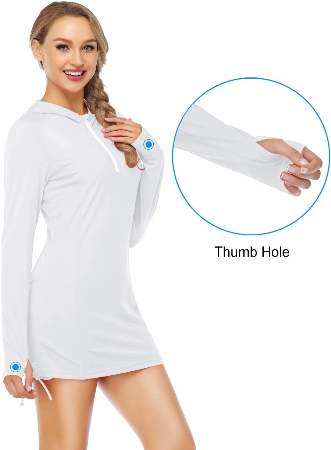 HISKYWIN Womens Hoodie Thumb Hole UV Sun Protection Rash Guard Side Adjustable Wetsuit Swimsuit Top
