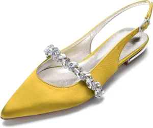 Hyinlays Women's Closed Toe Wedding Flats Slingback Pump Shoes for Bride Satin Crystal Pointed Toe Formal Party Flat Sandals