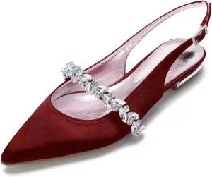 Hyinlays Women's Closed Toe Wedding Flats Slingback Pump Shoes for Bride Satin Crystal Pointed Toe Formal Party Flat Sandals