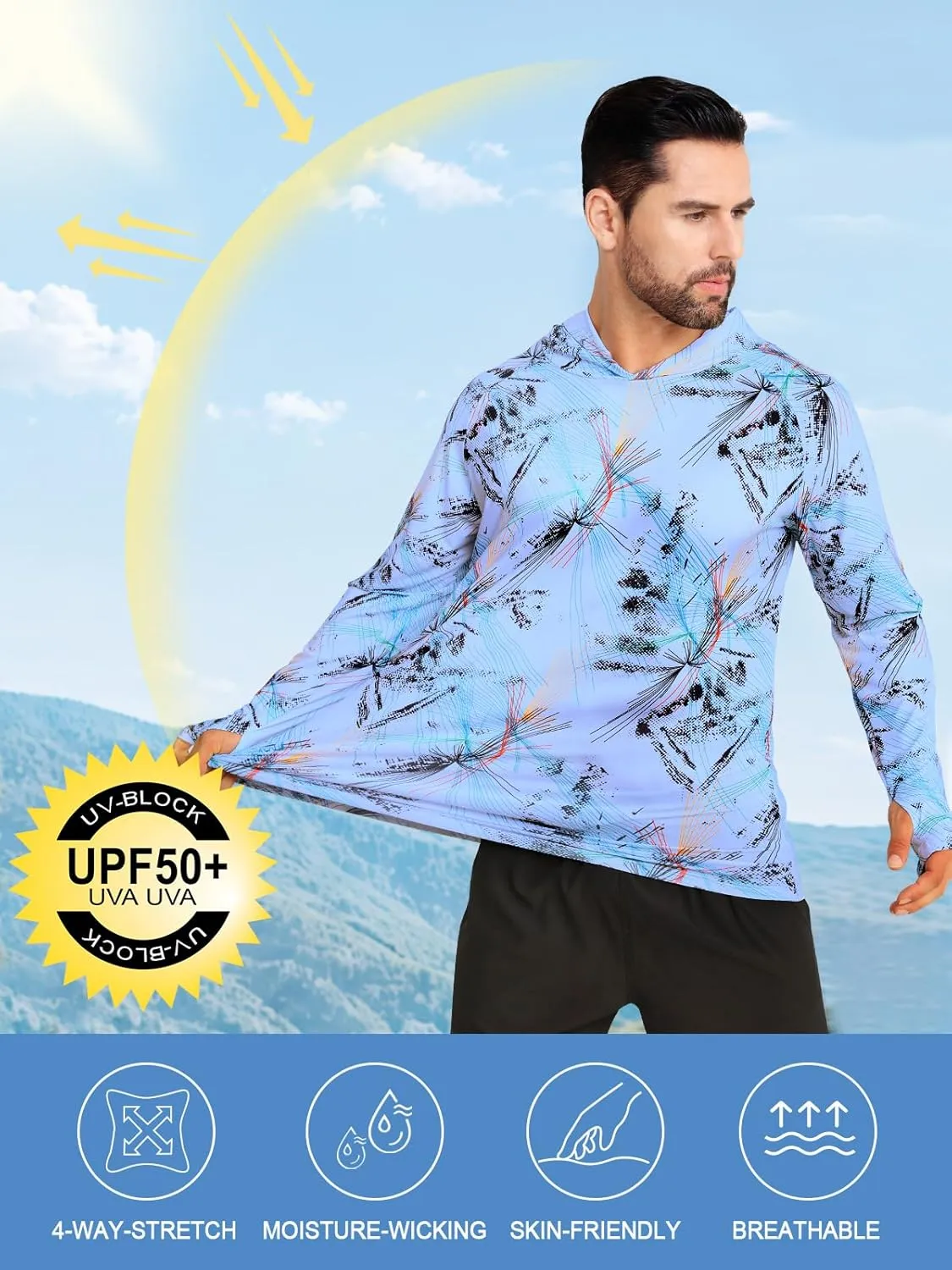 iCKER Men's UPF 50  Sun Protection Hoodie Shirt Rash Guard Long Sleeve Shirt UV Fishing Outdoor Hiking Swimming Running