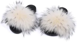 Jancoco Max Womens Fur Sliders Slippers Raccoon Fur Furry Slides Fashion Flat Soft Open Toe Fluffy Sandals