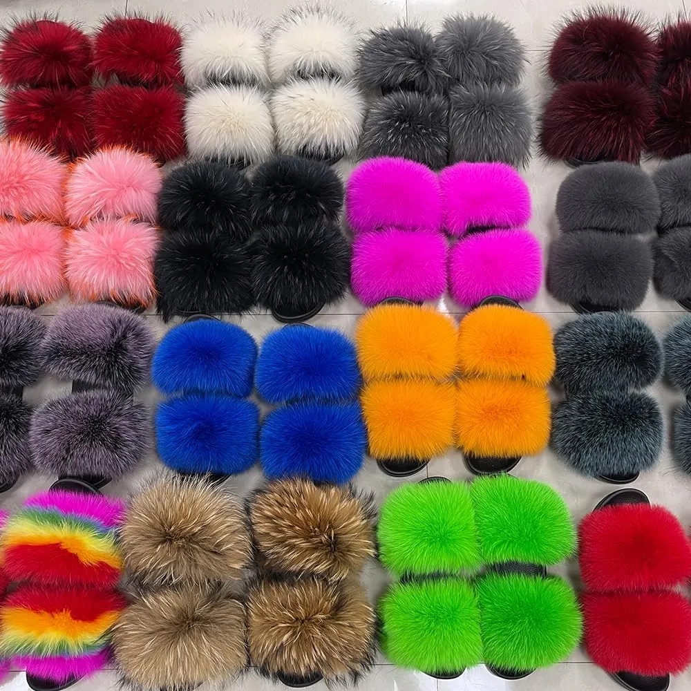 Jancoco Max Womens Fur Sliders Slippers Raccoon Fur Furry Slides Fashion Flat Soft Open Toe Fluffy Sandals