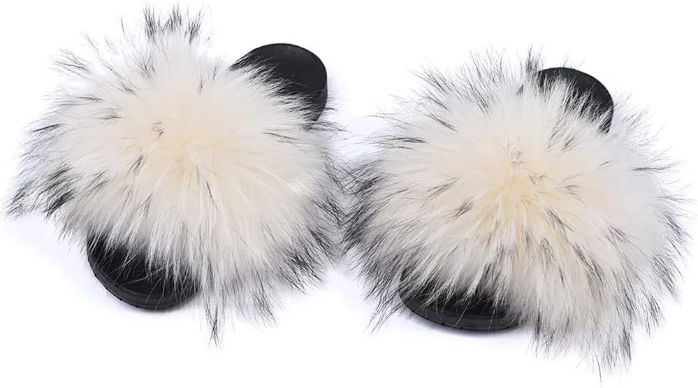 Jancoco Max Womens Fur Sliders Slippers Raccoon Fur Furry Slides Fashion Flat Soft Open Toe Fluffy Sandals
