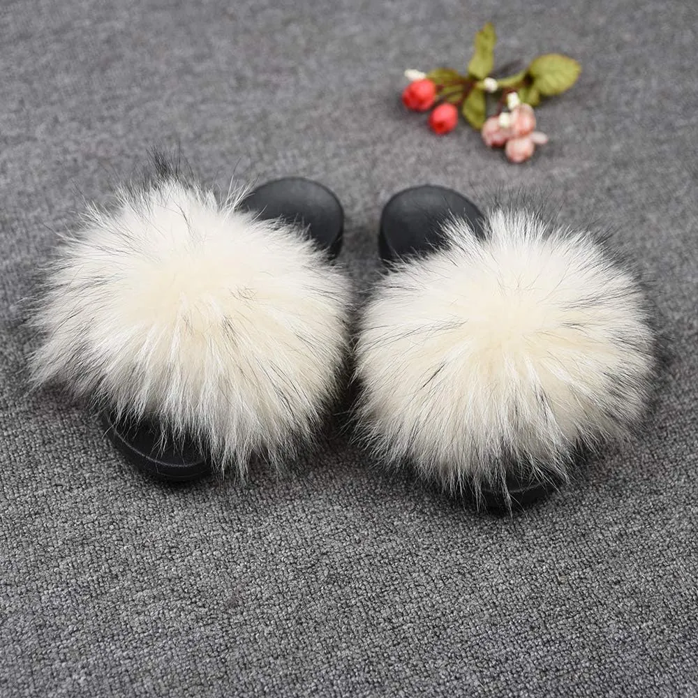 Jancoco Max Womens Fur Sliders Slippers Raccoon Fur Furry Slides Fashion Flat Soft Open Toe Fluffy Sandals