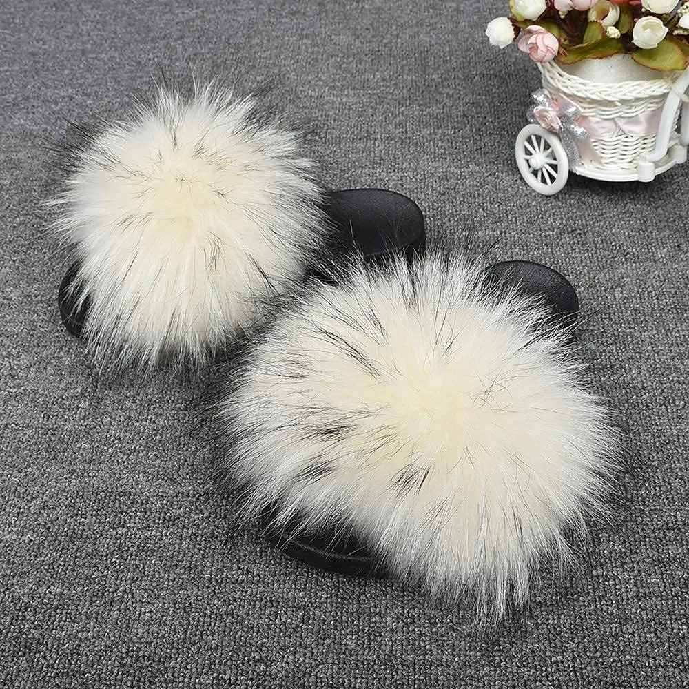 Jancoco Max Womens Fur Sliders Slippers Raccoon Fur Furry Slides Fashion Flat Soft Open Toe Fluffy Sandals
