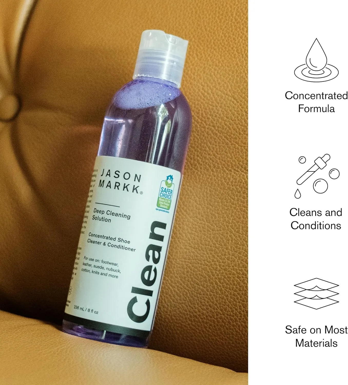 Jason Markk Deep Cleaning Solution, Shoe Cleaner, Cleans & Conditions, Sneaker Care, Ideal for Footwear, Safe for Leather, Suede, Nubuck, Cotton, Knits, 8oz
