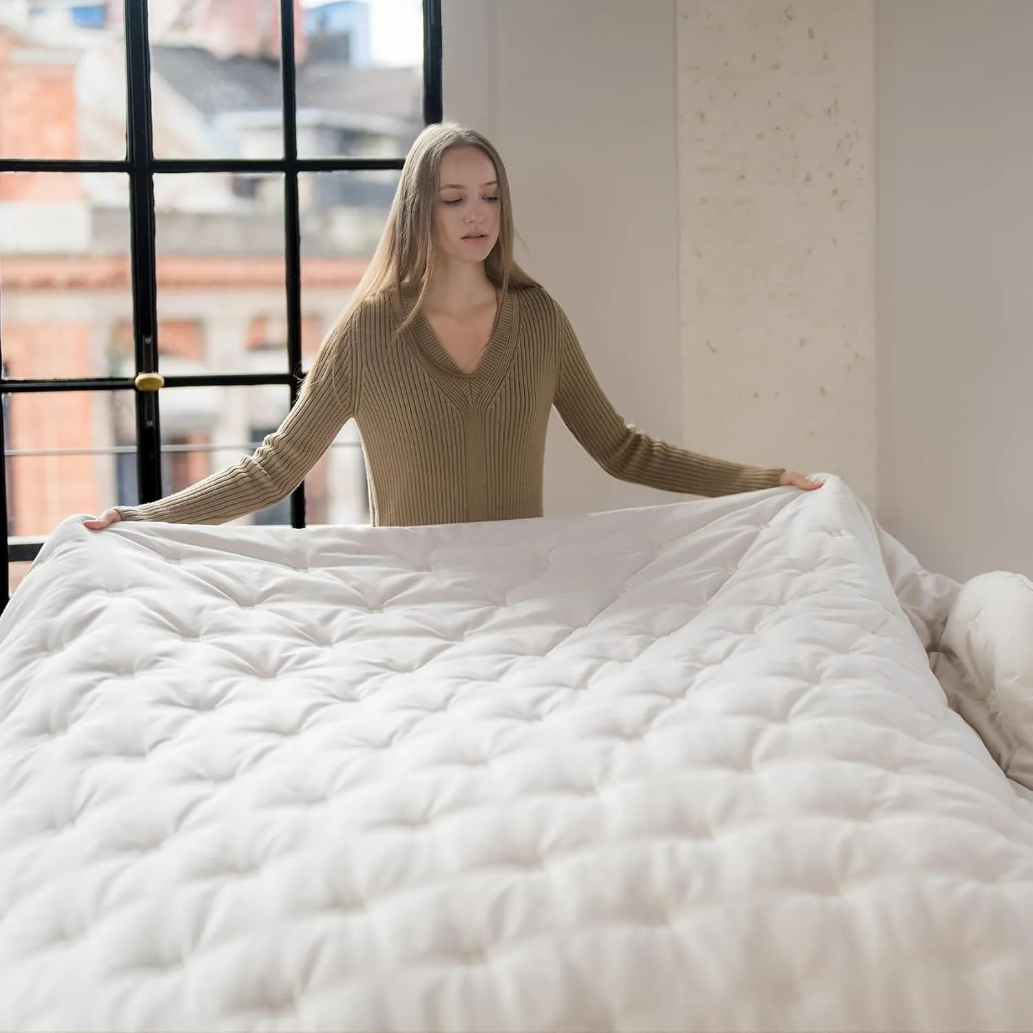J'Chervianne Embroidery Queen Comforter Set - 7 Pieces Bed in a Bag Set, All Season Soft Bedding Sets with Comforter, Pillow Shams, Flat Sheet, Fitted Sheet and Pillowcases (Beige, Queen)