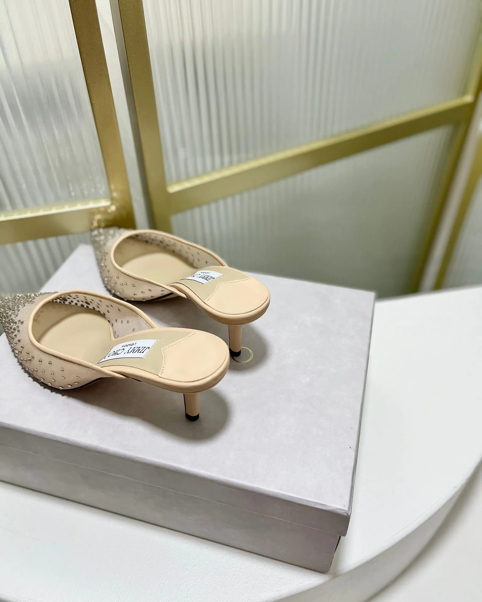 Jimmy Mule 65mm In Beige Mesh Fabric With Swarovski Crystal 597880