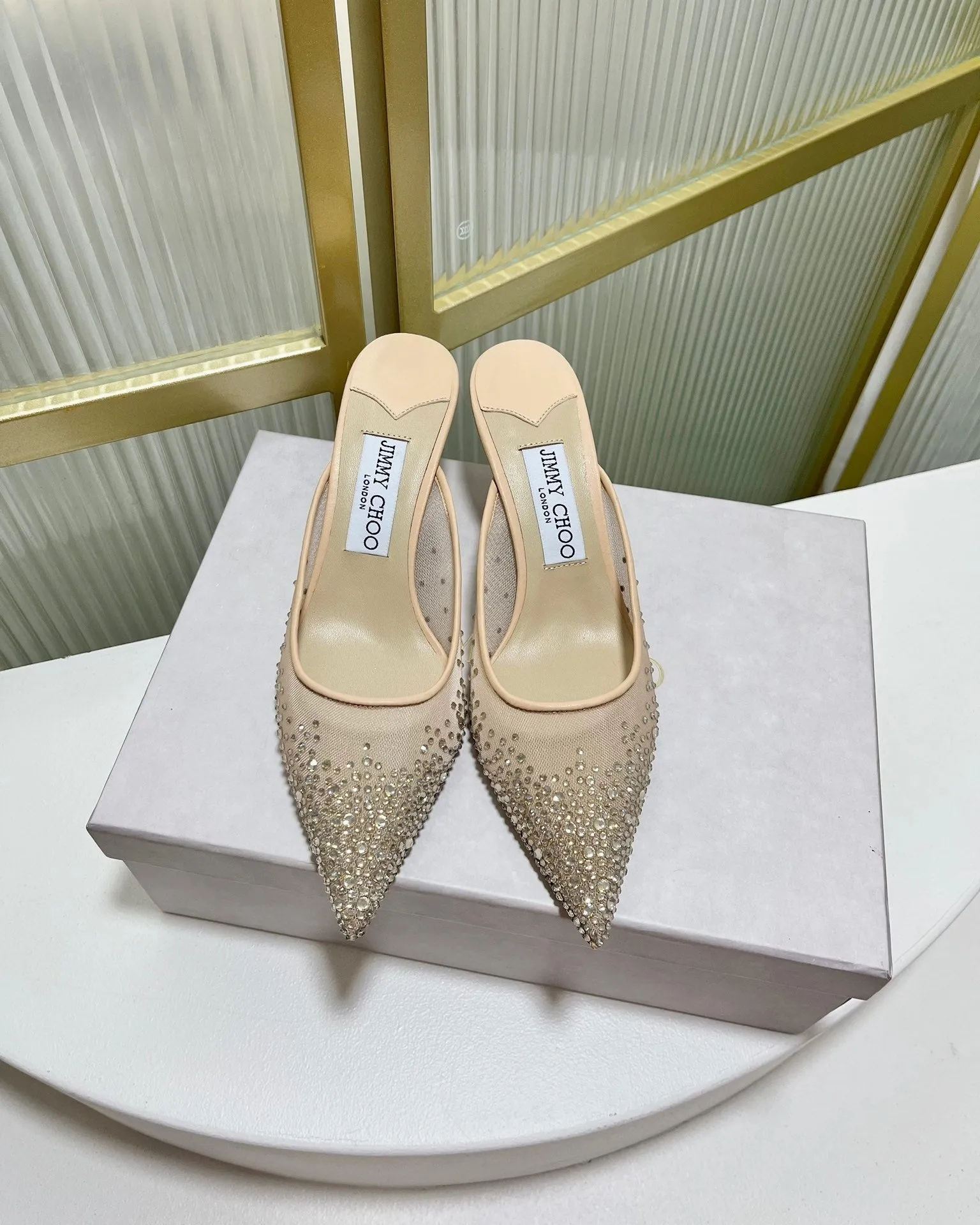 Jimmy Mule 65mm In Beige Mesh Fabric With Swarovski Crystal 597880