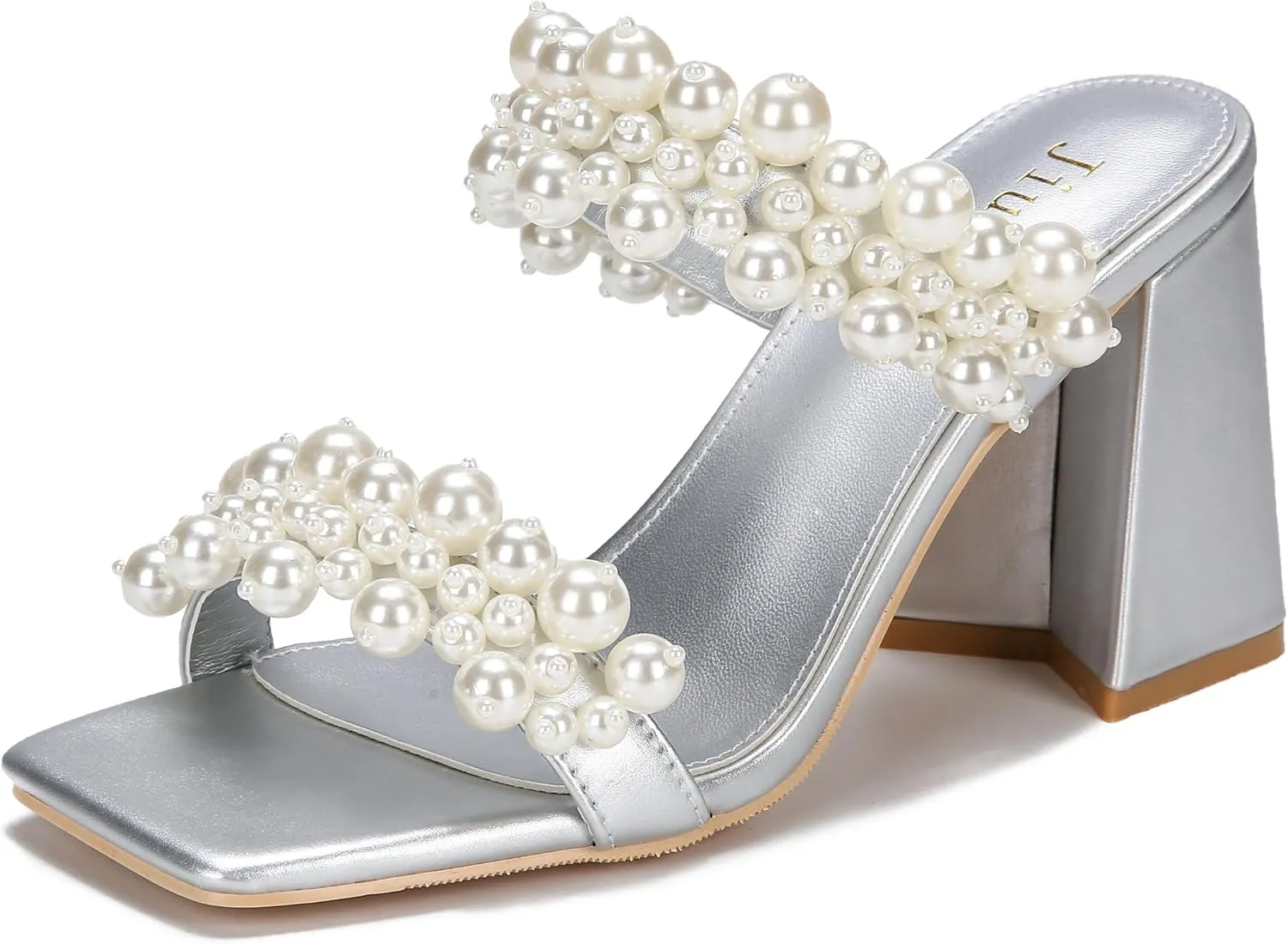 Jiu du Pearl Heels for Women Slide Mule Heels Square Toe Low Block Slip On Backless Heeled Sandals